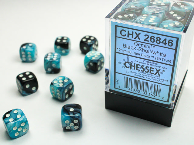 Chessex Gemini 12mm d6 Dice Blocks with pips Dice Blocks (36 Dice) - Black-Shell w/white