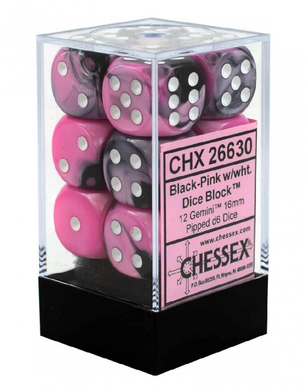 Chessex Gemini 16mm d6 with pips Dice Blocks (12 Dice) - Black-Pink w/white
