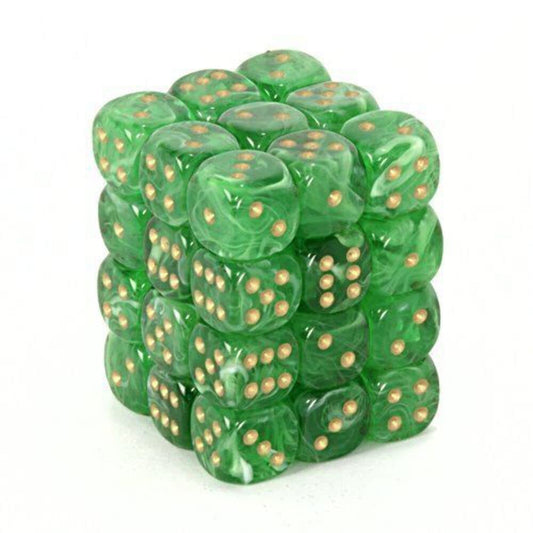 Chessex Signature 12mm d6 with pips Dice Blocks (36 Dice) - Vortex Green w/gold