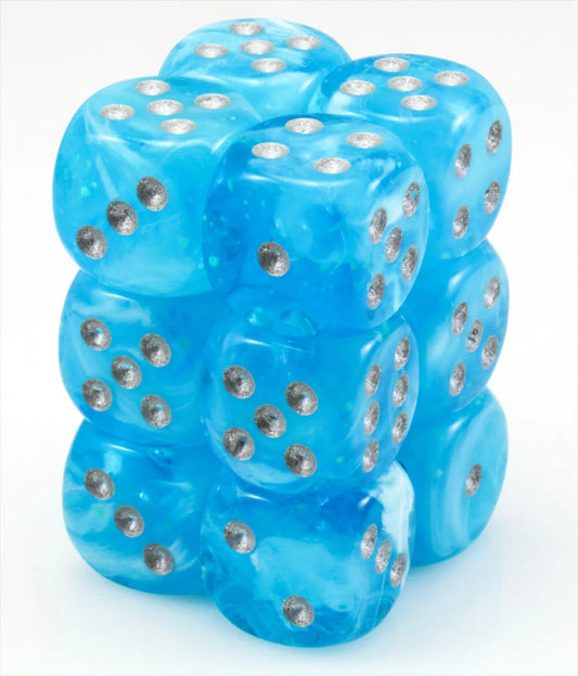 Chessex 16mm d6 with pips Dice Blocks (12 Dice) - Luminary Sky/silver