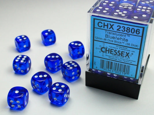 Chessex Translucent 12mm d6 with pips Dice Blocks (36 Dice) - Blue w/white