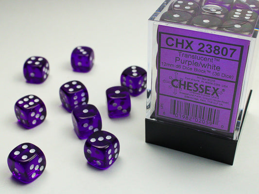 Chessex Translucent Purple/white 12mm d6 Dice Block (36 dice)