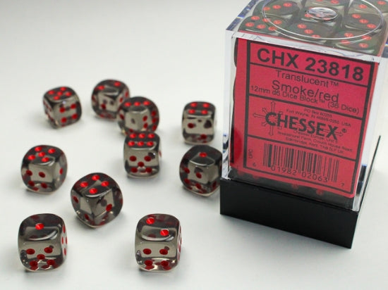 Chessex Translucent 12mm d6 with pips Dice Blocks (36 Dice) - Smoke w/red