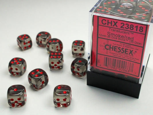 Chessex Translucent 12mm d6 with pips Dice Blocks (36 Dice) - Smoke w/red