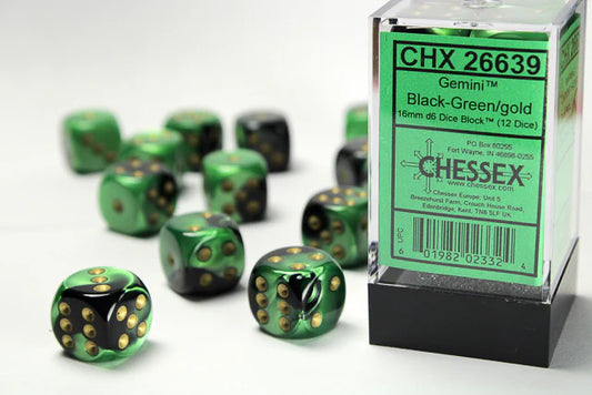 Chessex Gemini 16mm d6 with pips Dice Blocks (12 Dice) - Black-Green w/gold