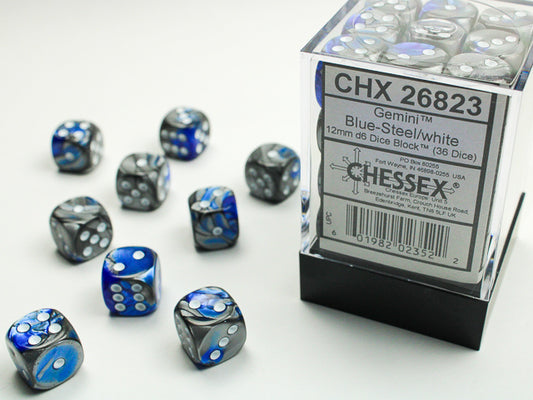 Chessex Gemini 12mm d6 Dice Blocks with pips Dice Blocks (36 Dice) - Blue-Steel w/white