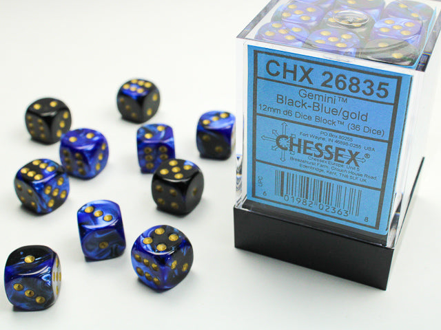 Chessex Gemini 12mm d6 Dice Blocks with pips Dice Blocks (36 Dice) - Black-Blue w/gold