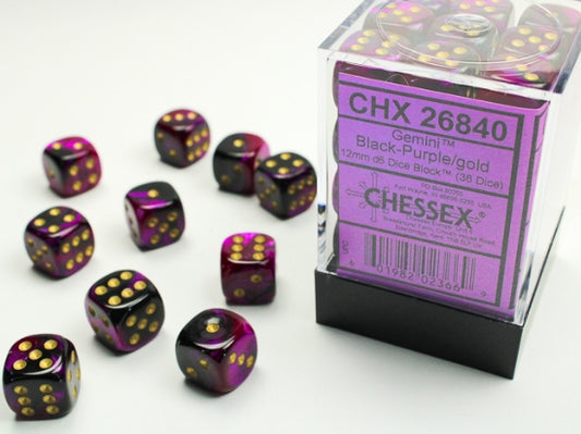 Chessex Gemini 12mm d6 Dice Blocks with pips Dice Blocks (36 Dice) - Black-Purple w/gold