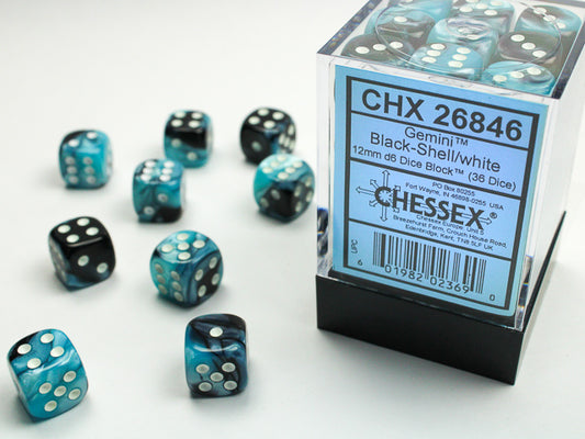 Chessex Gemini 12mm d6 Dice Blocks with pips Dice Blocks (36 Dice) - Black-Shell w/white