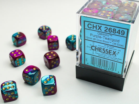 Chessex Gemini 12mm d6 Dice Blocks with pips Dice Blocks (36 Dice) - Purple-Teal w/gold