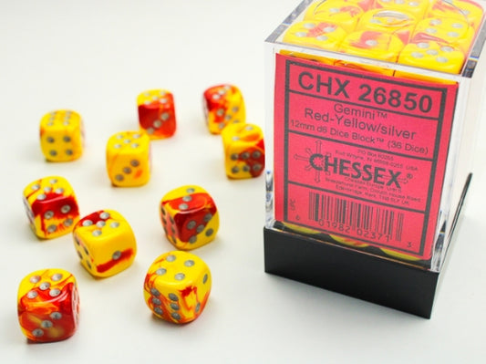 Chessex Gemini 12mm d6 Dice Blocks with pips Dice Blocks (36 Dice) - Red-Yellow w/silver