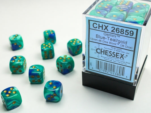 Chessex Gemini 12mm d6 Dice Blocks with pips Dice Blocks (36 Dice) - Blue-Teal w/gold