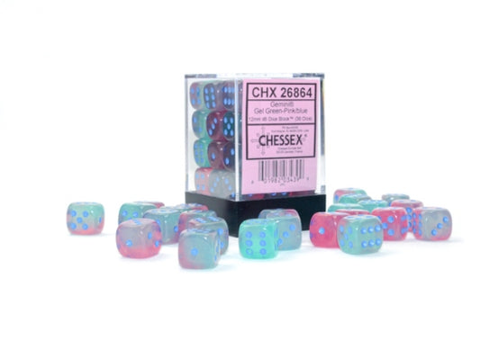 Chessex Dice: 12mm D6 - Gemini - Gel Green-Pink/Blue