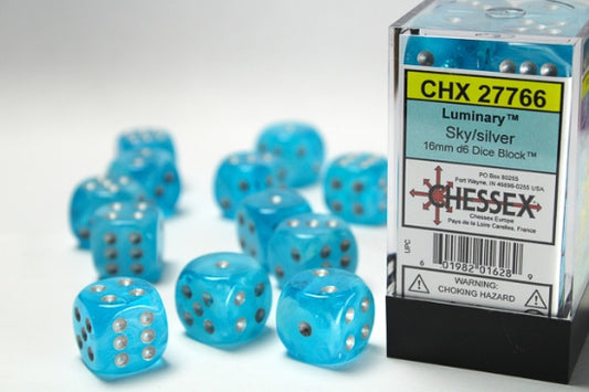 Chessex 16mm d6 with pips Dice Blocks (12 Dice) - Luminary Sky/silver