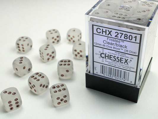 Chessex Signature 12mm d6 with pips Dice Blocks (36 Dice) - Frosted Clear w/black
