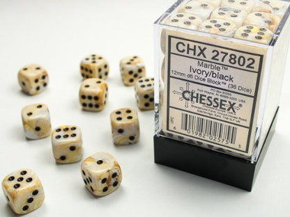 Chessex Signature 12mm d6 with pips Dice Blocks (36 Dice) - Marble Ivory w/black Item No. 51810