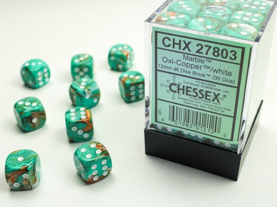 Chessex Signature 12mm d6 with pips Dice Blocks (36 Dice) - Marble Oxi‑Copper/white