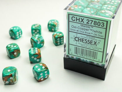 Chessex Signature 12mm d6 with pips Dice Blocks (36 Dice) - Marble Oxi‑Copper/white