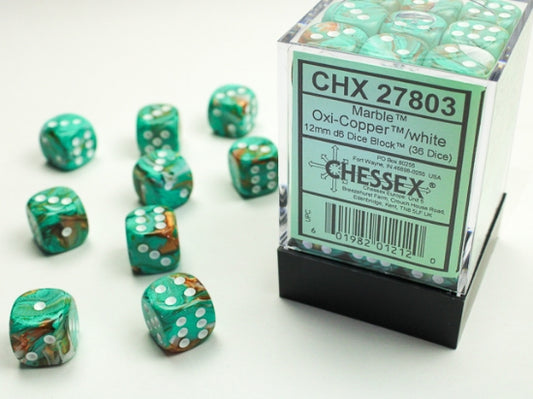 Chessex Signature 12mm d6 with pips Dice Blocks (36 Dice) - Marble Oxi‑Copper/white