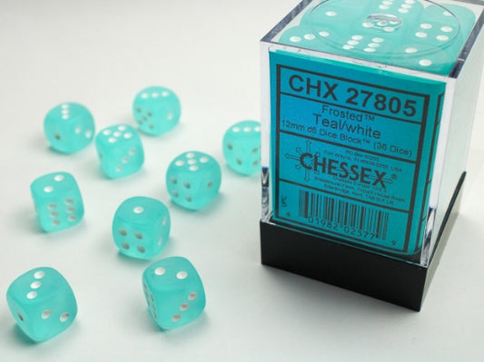 Chessex Signature 12mm d6 with pips Dice Blocks (36 Dice) - Frosted Teal w/white