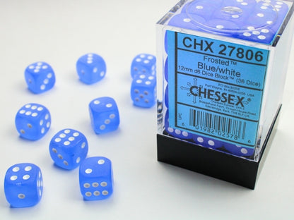 Chessex Signature 12mm d6 with pips Dice Blocks (36 Dice) - Frosted Blue w/white