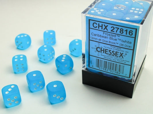 Chessex Signature 12mm d6 with pips Dice Blocks (36 Dice) - Frosted Caribbean Blue w/white
