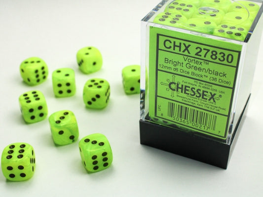 Chessex Signature 12mm d6 with pips Dice Blocks (36 Dice) - Vortex Bright Green w/black