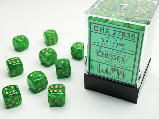 Chessex Signature 12mm d6 with pips Dice Blocks (36 Dice) - Vortex Green w/gold