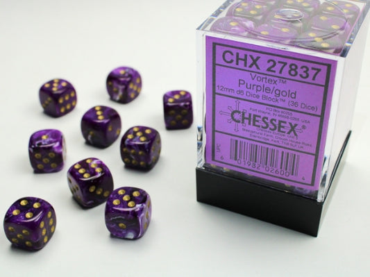 Chessex Signature 12mm d6 with pips Dice Blocks (36 Dice) - Vortex Purple w/gold