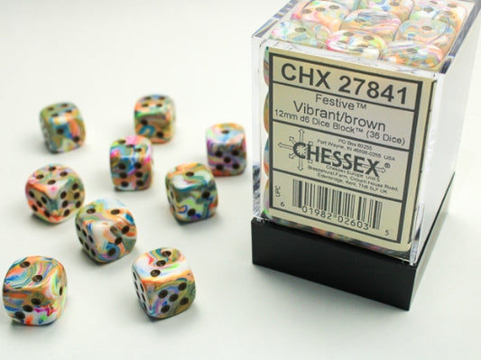 Chessex Signature 12mm d6 with pips Dice Blocks (36 Dice) - Festive Vibrant w/brown