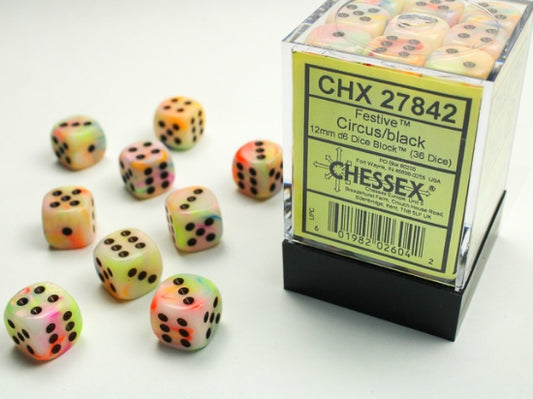 Chessex Signature 12mm d6 with pips Dice Blocks (36 Dice) - Festive Circus w/black