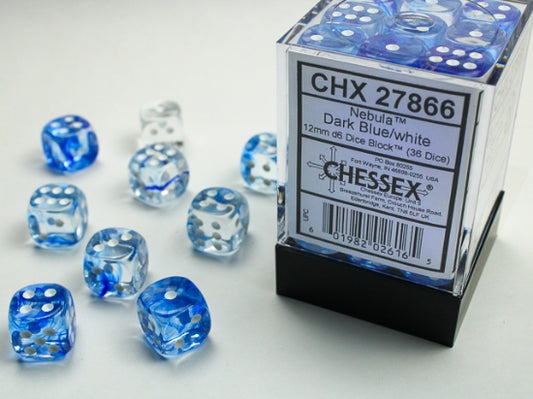 Chessex Signature 12mm d6 with pips Dice Blocks (36 Dice) - Nebula Dark Blue w/white