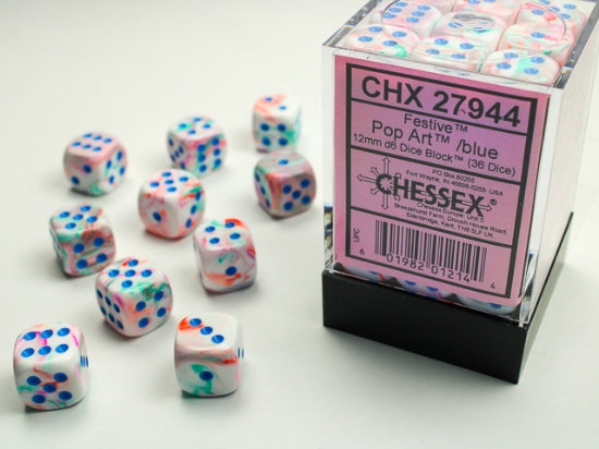 Chessex Signature 12mm d6 with pips Dice Blocks (36 Dice) - Festive Pop Art /blue