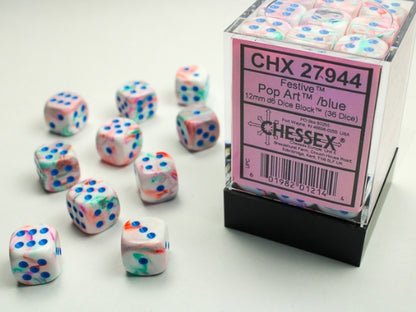 Chessex Signature 12mm d6 with pips Dice Blocks (36 Dice) - Festive Pop Art /blue