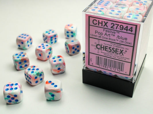 Chessex Signature 12mm d6 with pips Dice Blocks (36 Dice) - Festive Pop Art /blue