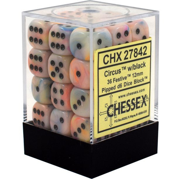 Chessex Signature 12mm d6 with pips Dice Blocks (36 Dice) - Festive Circus w/black