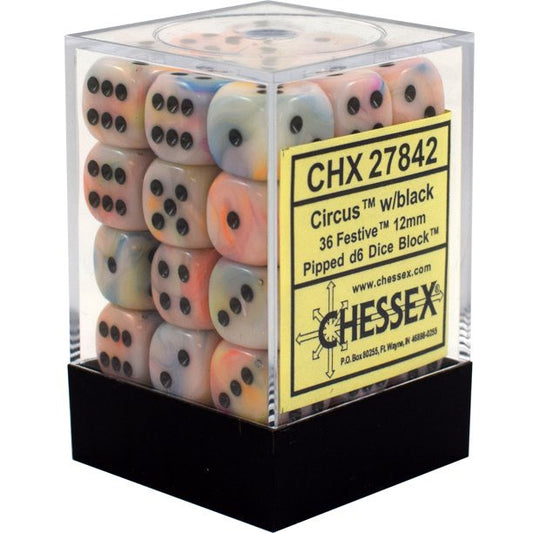 Chessex Signature 12mm d6 with pips Dice Blocks (36 Dice) - Festive Circus w/black