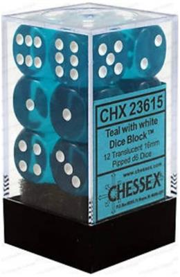 Chessex Translucent 16mm d6 with pips Dice Blocks (12 Dice) - Teal w/white