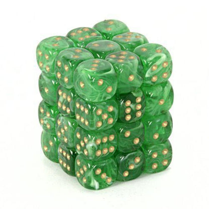 Chessex Signature 12mm d6 with pips Dice Blocks (36 Dice) - Vortex Green w/gold
