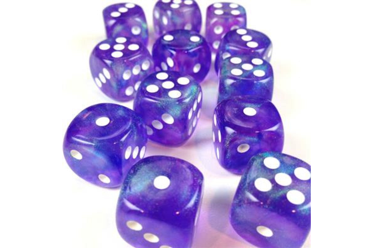 Chessex Borealis 16mm d6 Purple/white Luminary Dice Block (12 dice)
