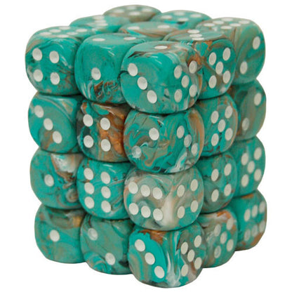 Chessex Signature 12mm d6 with pips Dice Blocks (36 Dice) - Marble Oxi‑Copper/white