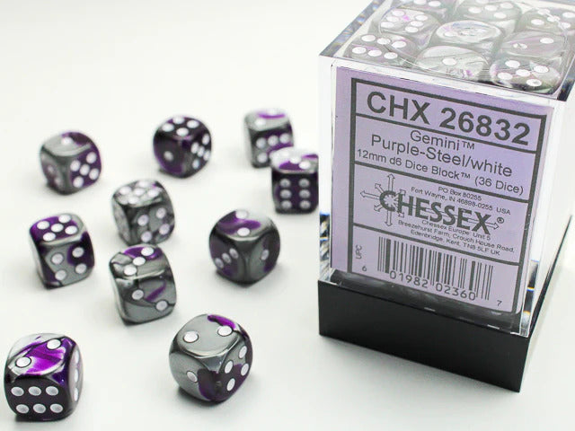 Chessex Gemini 12mm d6 Dice Blocks with pips Dice Blocks (36 Dice) - Purple-Steel w/white