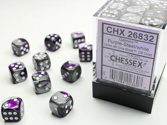 Chessex Gemini 12mm d6 Dice Blocks with pips Dice Blocks (36 Dice) - Purple-Steel w/white
