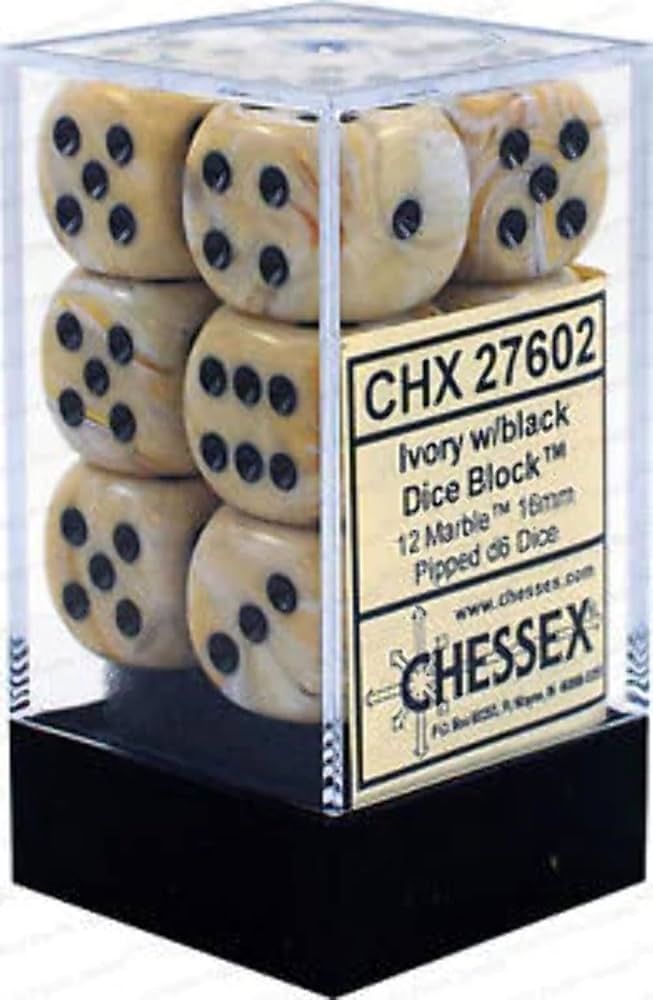 Chessex 16mm d6 with pips Dice Blocks (12 Dice) - Marble Ivory w/black