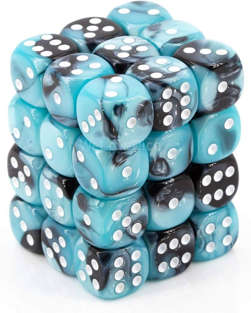 Chessex Gemini 12mm d6 Dice Blocks with pips Dice Blocks (36 Dice) - Black-Shell w/white