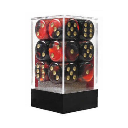 Chessex Gemini 16mm d6 with pips Dice Blocks (12 Dice) - Black-Red w/gold