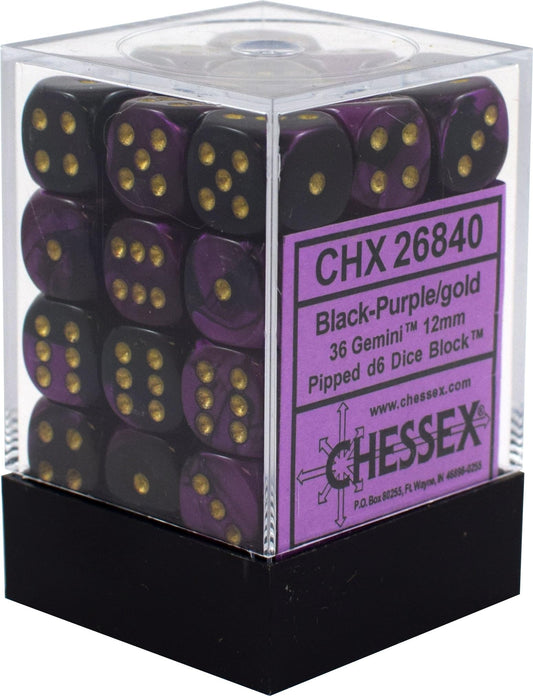 Chessex Gemini 12mm d6 Dice Blocks with pips Dice Blocks (36 Dice) - Black-Purple w/gold