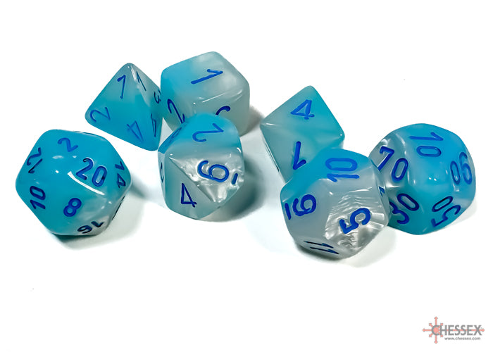 Gemini Polyhedral Pearl Turquoise-White/blue Luminary 7-Die Se