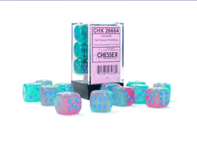 Chessex  Gemini 16mm d6 Gel Green-Pink/blue Luminary Dice Block (12 dice)