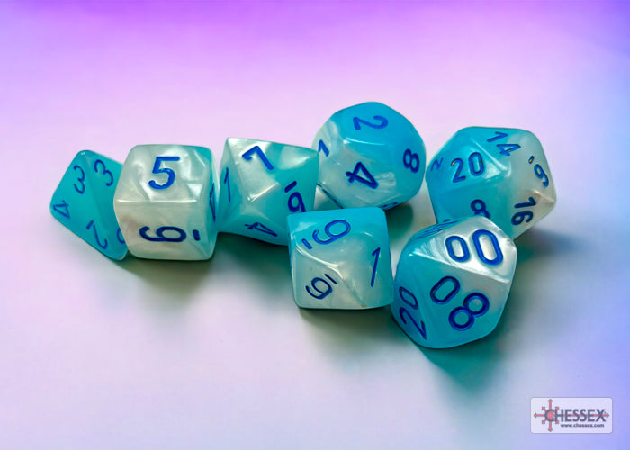Gemini Polyhedral Pearl Turquoise-White/blue Luminary 7-Die Se
